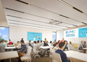 New classrooms provide flexible teaching space with advanced technology, including digital screens on all walls.