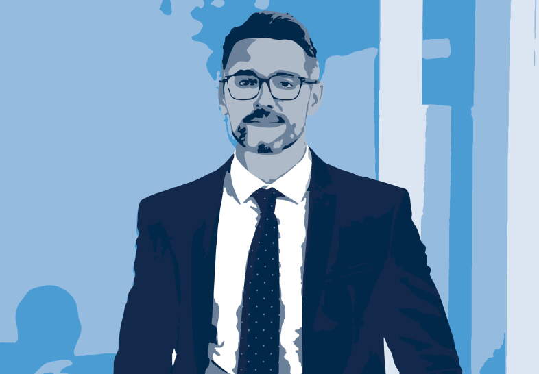 Illustration of a man in a suit wearing glasses with a serious expression against a blue abstract background