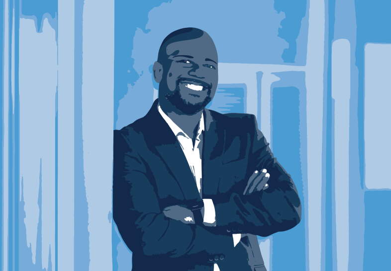 Stylized vector graphic of a person in a suit, smiling with arms crossed against a blue-toned background.