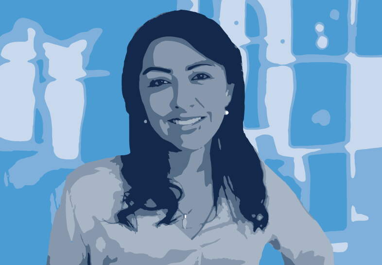 Stylized illustration of a person smiling with a blue-toned abstract background.