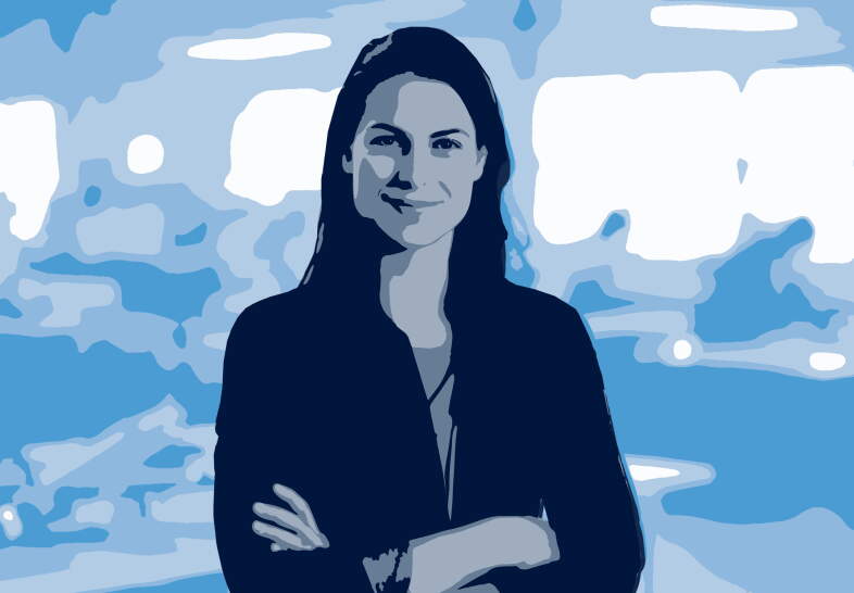 Illustration of a woman in a suit smiling against a blue abstract background.